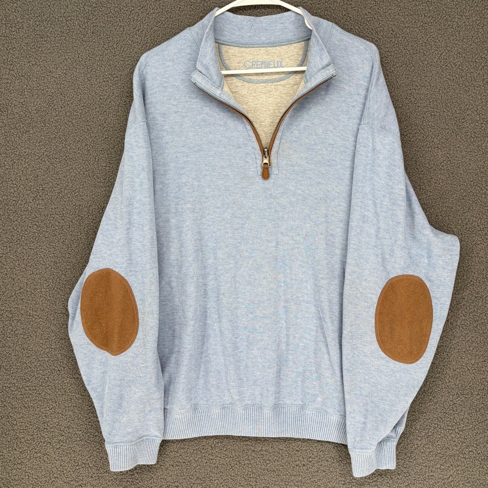 Cremieux Mens Quarter Zip Pullover Sweater Blue Elbow Patches XL